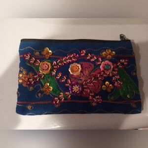 Embroidered Floral Clutch - Blue and Pink
